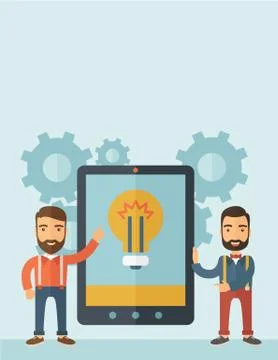 Two men holding a big screen tablet 스톡 일러스트