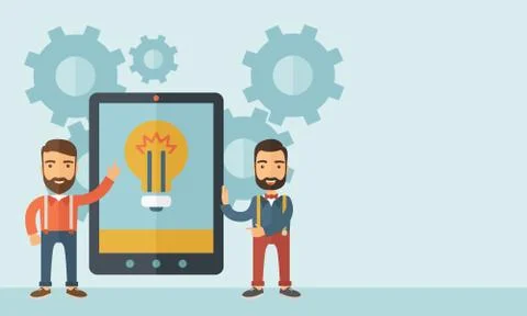 Two men holding a big screen tablet Illustrazione stock