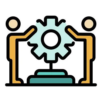 Two men holding cog icon color outline vector Stock Illustration