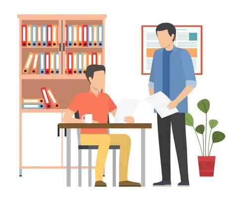 Two men holding paper sheets talking at the table in the office space. Business Stock Illustration