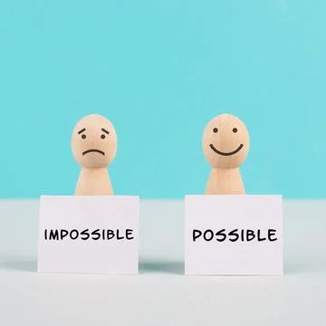 Two men holding signs, possible and impossible concept, mindset of an opti... Stock Photos