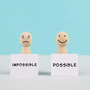Two men holding signs, possible and impossible concept, mindset of an optimist Stock Photos