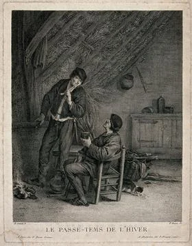 Two men indoors under a thatched roof, smoking and drinking; representing p.. Illustrazione stock
