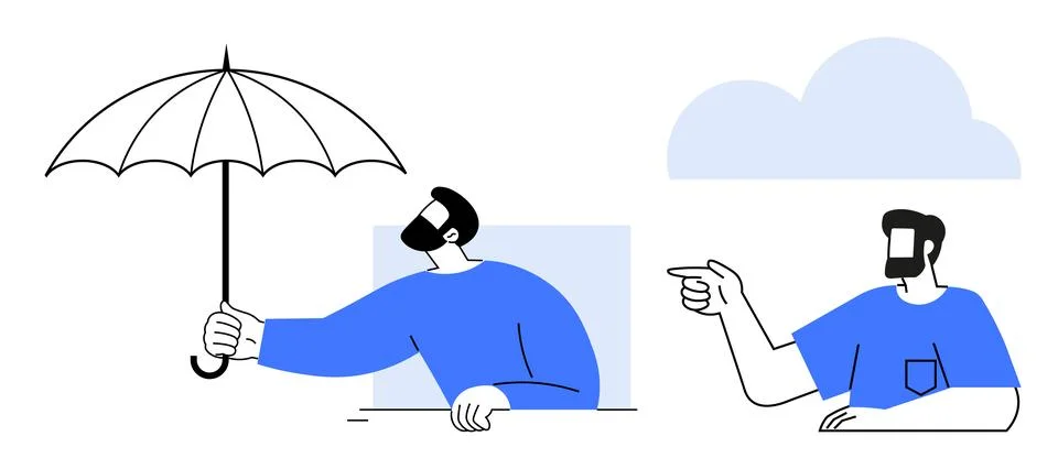 Two Men Interacting One Offers an Umbrella, Another Points Forward Stock Illustration