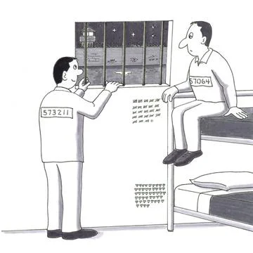 Two Men in Jail Looking Outside, One Looking Up and One Looking Down Stock Illustration