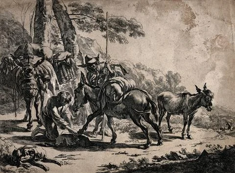 Two men on a journey with three donkeys along a path through rocky terrain:.. Stock Illustration