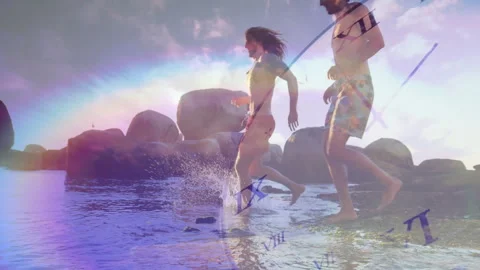 Two men jumping into shallow water, illustrating tech marketing with clock Stock Footage 308152611