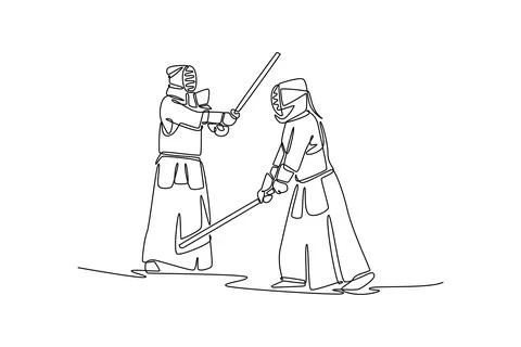 Two men Kendo are engaged in tense sword defense and attack Stock Illustration