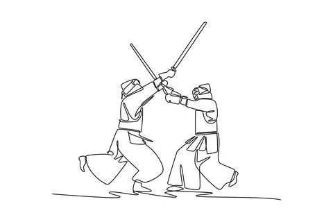 Two men Kendo are engaged in a fierce sword clash Stock Illustration