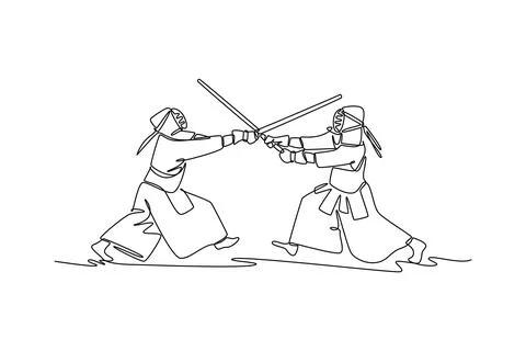 Two men Kendo in full bogu armor are engaged in fierce sword clash Stock Illustration