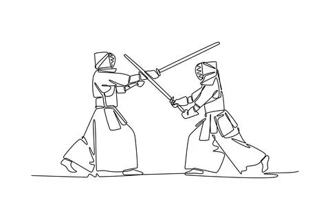 Two men Kendo in full bogu armor are engaged in fierce sword clash Stock Illustration