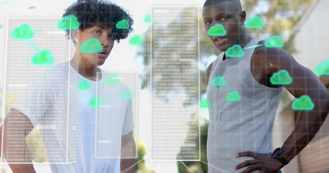Two men leaning as binary code panel materializing and cloud icons forming Stock Footage 316606842