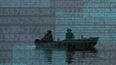 Two men leaning checking rods adjusting gear on lake cyan tech data overlay Vídeos de archivo 333774485