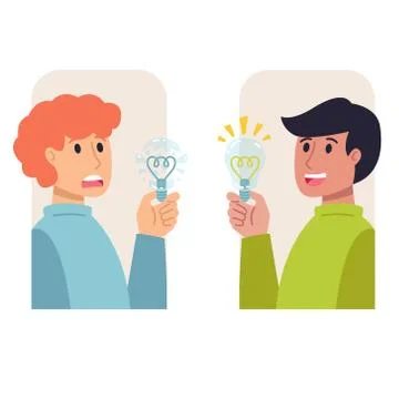 Two men with light bulbs in their hands, bad and good idea. Stock Illustration