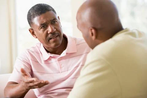 Two men in living room talking Stock Photos