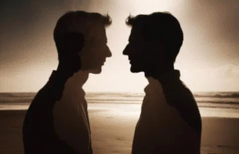 Two men look into each other's eyes in the backlight of the sunset. Silhouettes Stock Illustration