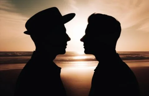 Two men look into each other's eyes in the backlight of the sunset. Silhouettes Stock Illustration