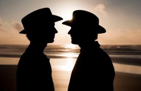 Two men look into each other's eyes in the backlight of the sunset. Silhouettes Stock Illustration