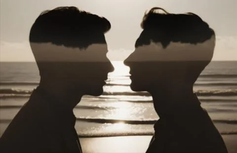 Two men look into each other's eyes in the backlight of the sunset. Silhouettes Stock Illustration