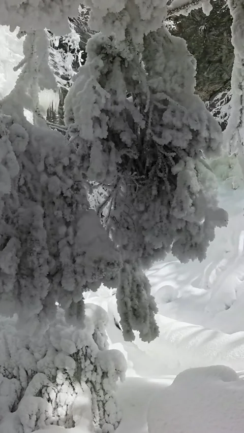 Two men looking at a frozen waterfall in winter Stock Footage 220412099
