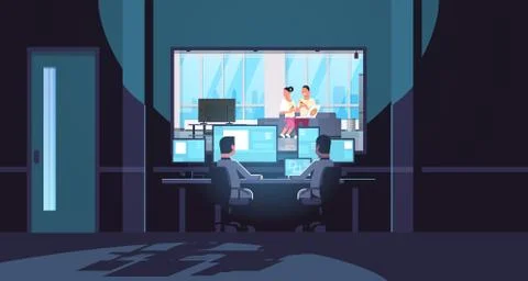 Two men looking at monitors behind glass couple eating pizza man woman watching Stock Illustration