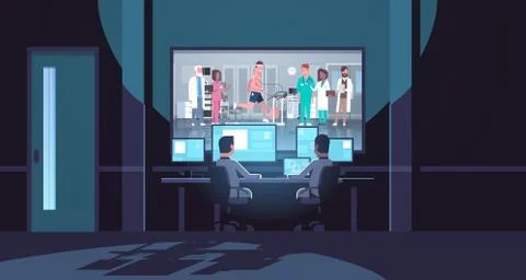 Two men looking at monitors behind glass doctors group checking patient running Stock Illustration