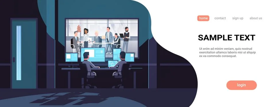 Two men looking at monitors behind glass mix race business people team Stock Illustration