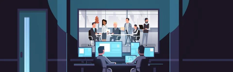 Two men looking at monitors behind glass mix race business people team Stock Illustration
