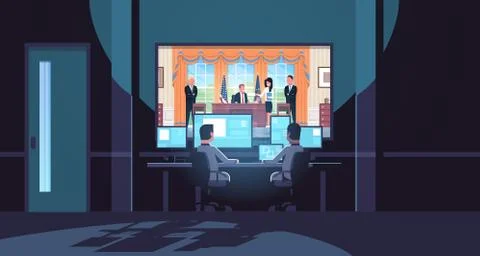 Two men looking at monitors behind glass president sitting workplace signing low Stock Illustration