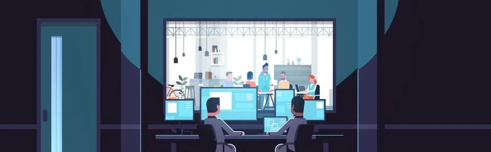 Two men looking at monitors sitting behind glass window people working in co Stock Illustration