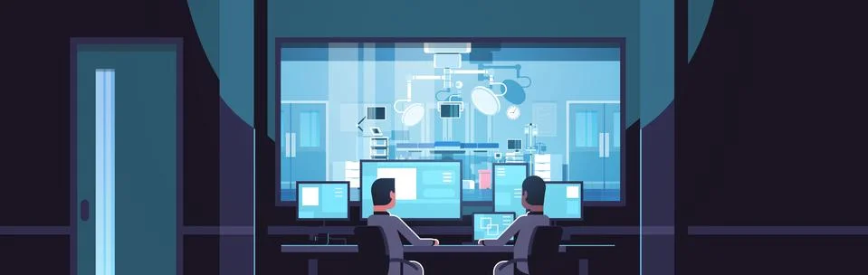 Two men looking at monitors sitting behind glass window hospital operating table Stock Illustration