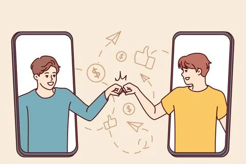 Two men looking out of screens of mobile phones greet each other with fists Stock Illustration
