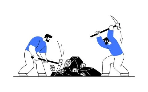 Two men mining cryptocurrency, using tools to break rocks filled with digit.. Stock Illustration