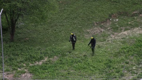 Two men mow grass with trimmers Stock Footage 135727572