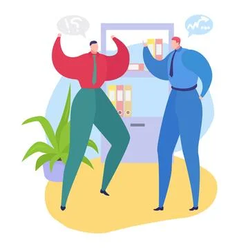 Two men in office, one flexing muscles with confused bubble, other pointing at Stock Illustration