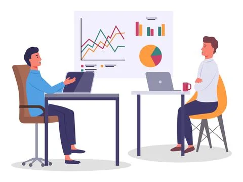 Two men, office workers sits in office and chats. People work and chat together Stock Illustration