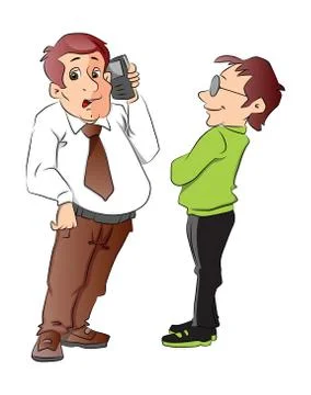 Two Men, One Using a Cellphone, illustration Stock Illustration