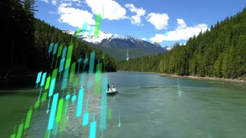 Two men operating motor steering boat toward mountain lake boosting finance bars Stock Footage 333670921