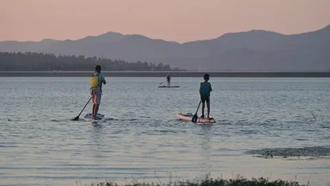 Two Men Paddleboarding on Lake at Sunset Stock-Footage 345041701