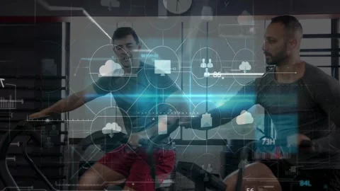 Two men pedaling bikes, activating HUD overlay showing nodes, cloud icons, Stock Footage 334242382