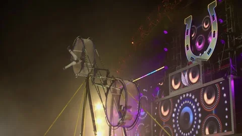 Two men perform in Wheel of Death on Calgary Stampede Grandstand stage Stock Footage 339862942