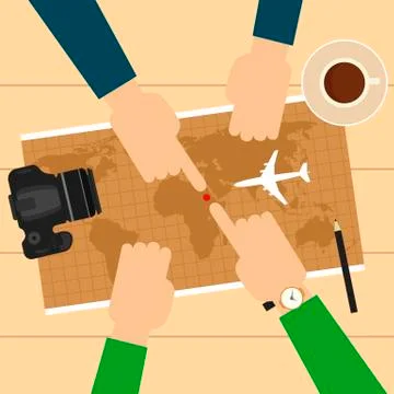 Two men planning vacation trip with map. Stock Illustration