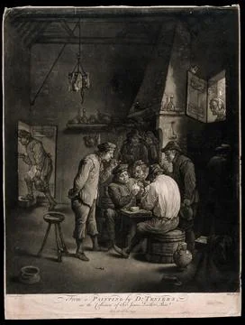 Two men play cards at a table as others watch, smoke and drink in a dingy s.. Illustrazione stock