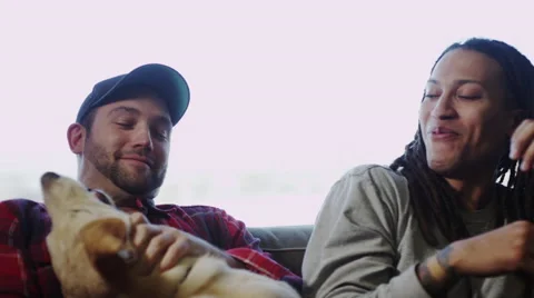 Two men play with a puppy Stock Footage 46258860