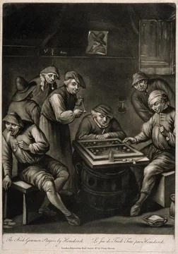 Two men playing backgammon on a barrel-table as others watch and smoke. Mez.. Stock Illustration