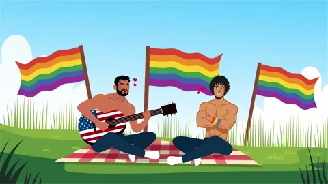Two men playing guitar and singing at pride month picnic Vidéo 330100216