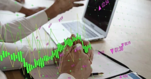 Two men pointing, explaining in meeting, laptop gestures overlaying market Stock Footage 328684302