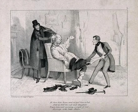 Two men, possibly students, undressing a drunken doctor they have carried h.. Stock Illustration