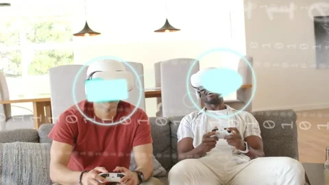 Two men pressing controllers, activating floating tech icons and navigating VR Stock Footage 333671157