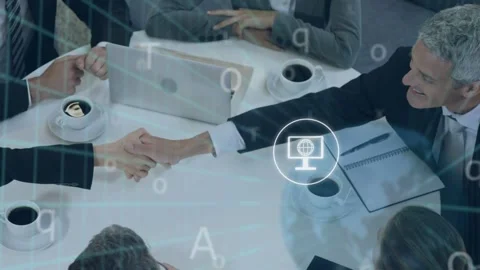 Two men reaching hands, shaking and closing biz deal, laptop notes and icons Stock Footage 334810941